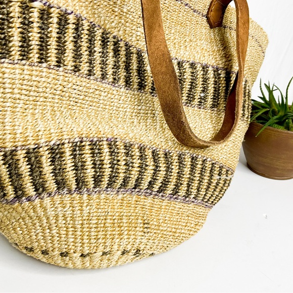 Woven Straw Tote Natural Stripe Leather Handle Market Bag - Picture 5 of 7